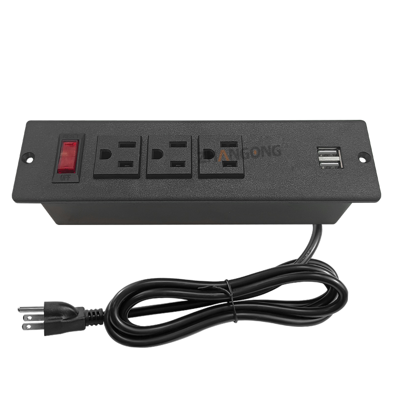 暗装三位美标插座 过载开关 双USB 黑色